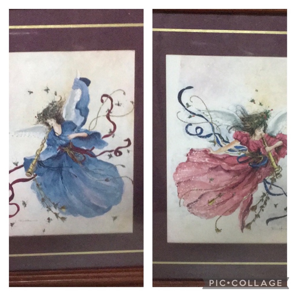 Vintage Wooden Framed Set of Two Peggy Abrams Signed Angel Watercolor Pr…